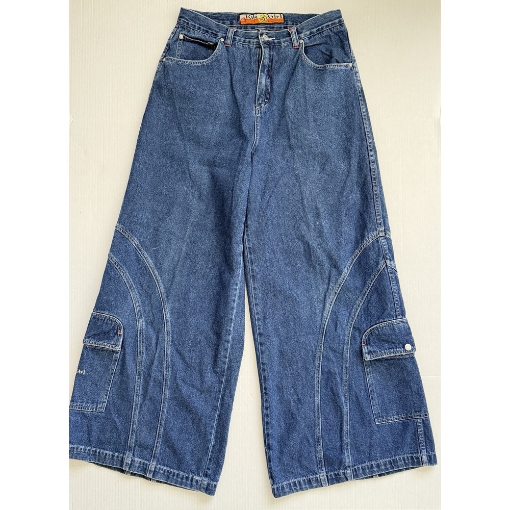 Vintage Y2K Kik Girl Zen Construction Baggy Wide Leg Cargo Jeans 13 Rave Skater